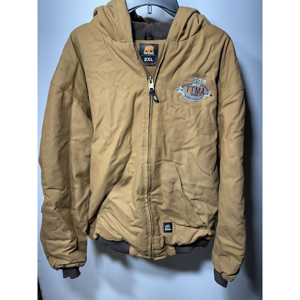 Berne Jacket Mens 2Xl Brown Canvas Hooded Quilted Lined Insulated Workwear TTMA